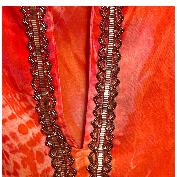 Chicos Sheer Tunic Top Coral‎ Pink Shirt Cover Up Beaded V Neck Long Sleeve 12 - Picture 5 of 10